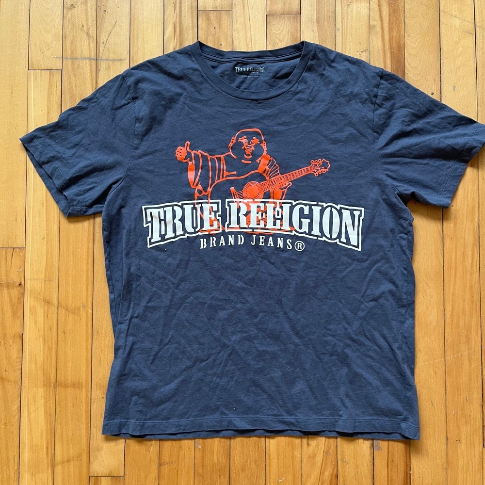 True Religion Buddha Graphic T Shirt Men's 2X Large Navy Orange Short Sleeve